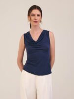 Regata Drapeada Linho e Viscose Azul Marinho