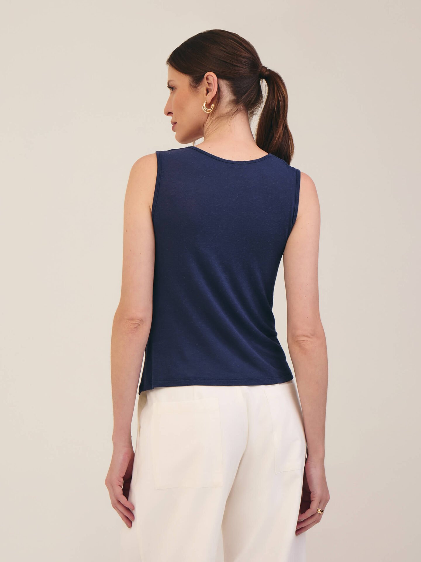 Regata Drapeada Linho e Viscose Azul Marinho